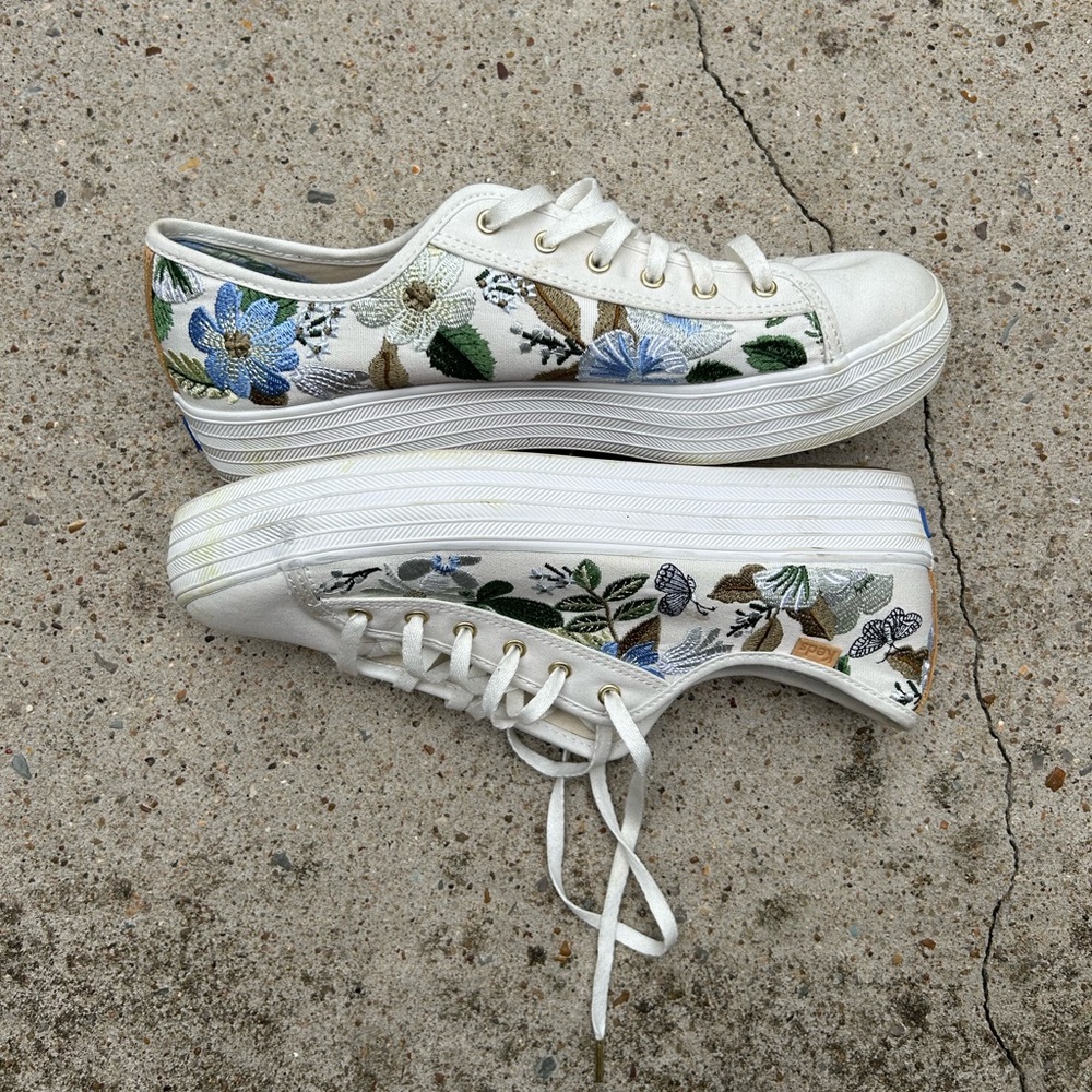 KEDS x Rifle Paper Co. Women’s Triple Kick Sneakers Blue Fields Embroidered 8.5